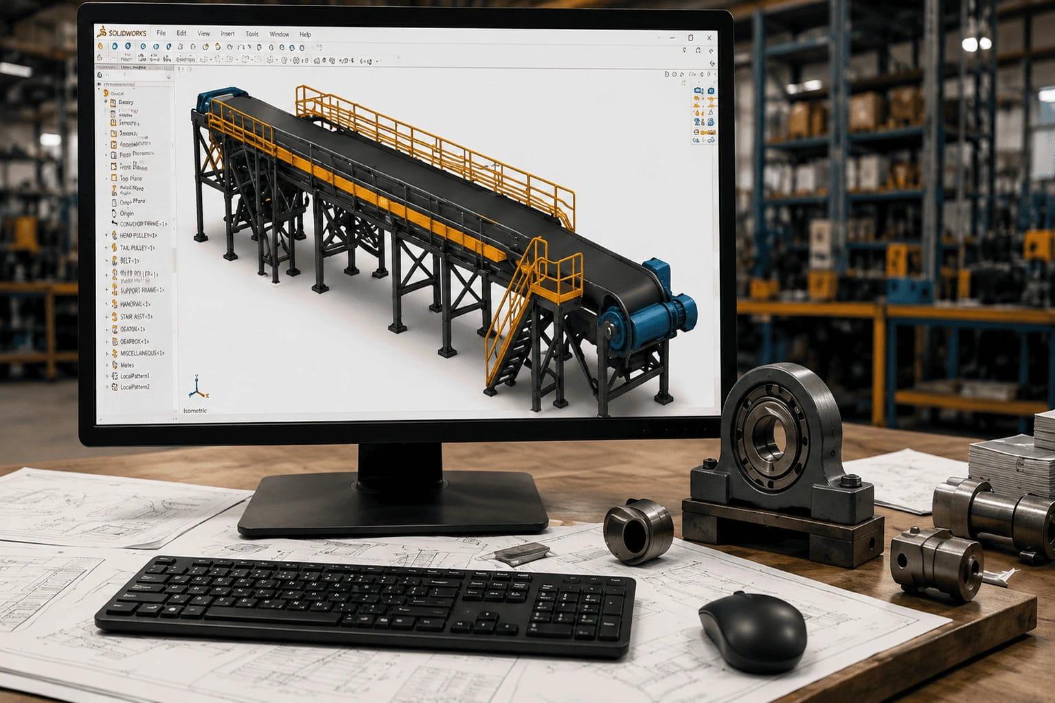 CAD model of a conveyor system on a monitor, with bearings and engineering drawings on the desk