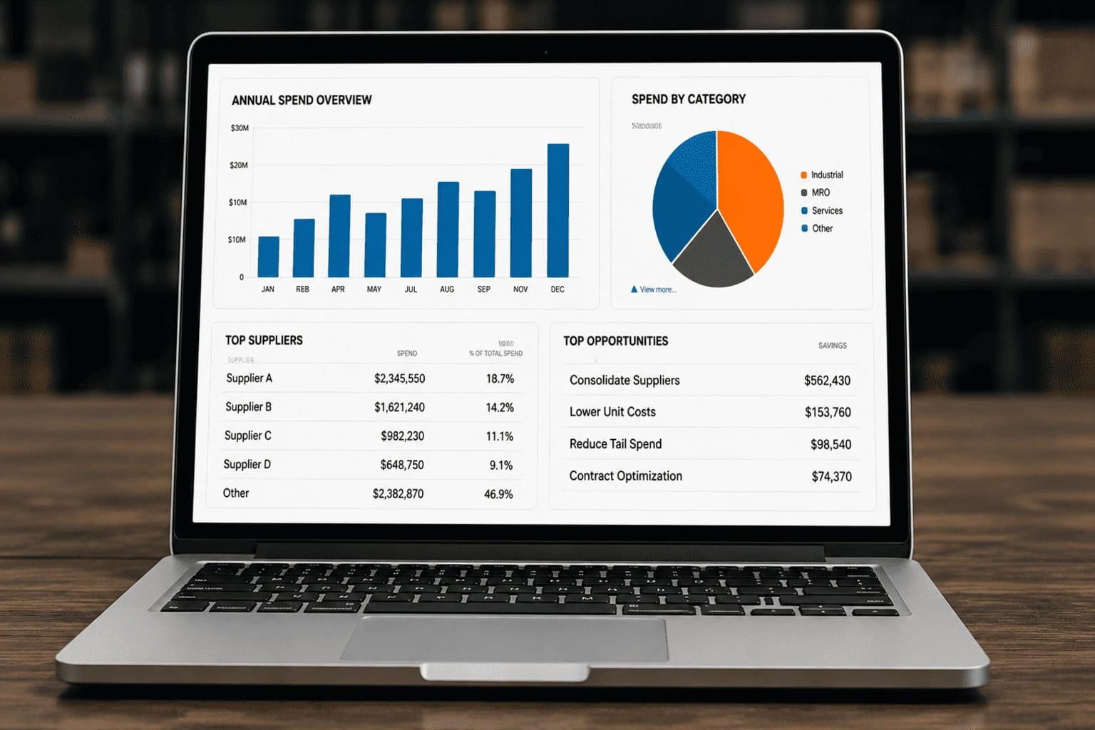Laptop showing a purchasing spend dashboard: annual spend overview, spend by category, top suppliers and savings opportunities