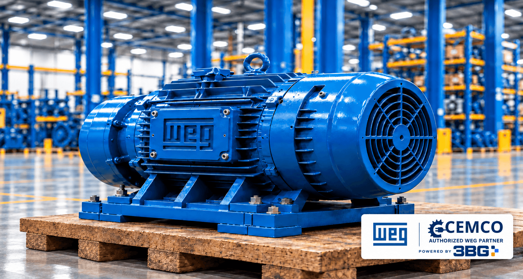 WEG industrial electric motor with CEMCO identified as the Authorized WEG Partner, powered by 3BG